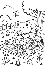 Cute frog enjoying a picnic with snails and ladybug in a serene garden