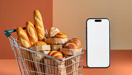 Shopping cart with bread and pastries next to smartphone mockup with copy space for bakery products and mobile app promotion