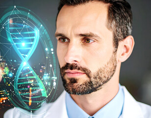 Scientist Analyzes Holographic Display in Digital Marketing Symphony