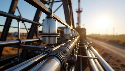 High fidelity oil pipeline infrastructure in sunset landscape with copy space for energy resources and industrial development