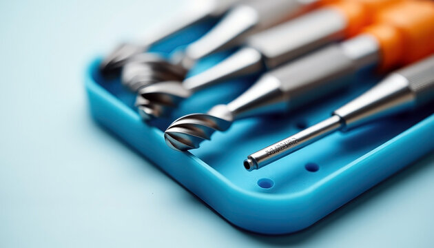 Dental rotary tools in blue holder for dental procedures and oral care treatments with copy space for dental health day