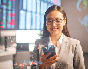 Professional Using Smartphone in Digital Finance Ecosystem with Hologram