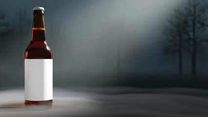 Amber Beer Bottle Mockup with Blank Label in Foggy Forest