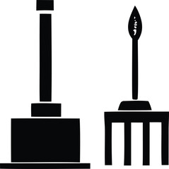 Simple black silhouette icons of a tall cylinder and a candle on a candlestick against a white backdrop