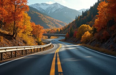 Winding asphalt road leads through autumn hills, colorful forest. Snow capped mountain range visible at background. Journey on empty straight highway through picturesque landscape. Route for car trip