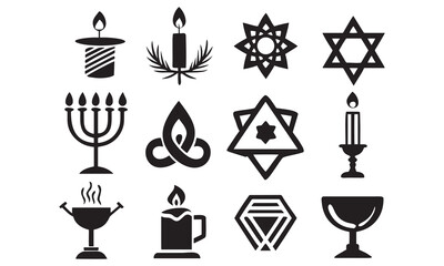 Hanukkah Icons & Jewish Holiday Symbols Menorah, Star of David, Dreidel, Gifts, Candles