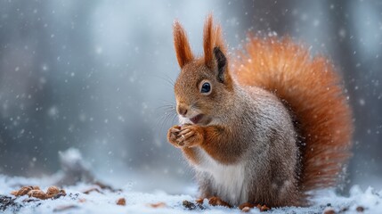 A cute red squirrel with fluffy fur and tufted ears is holding a nut while sitting in the snow during gentle snowfall
