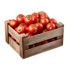 Wooden crate filled with ripe red tomatoes isolated on transparent background