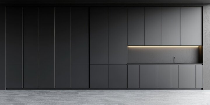A sleek, modern kitchen features a long, dark gray cabinet unit spanning the entire wall. The cabinets are tall and rectangular with recessed panel doors.