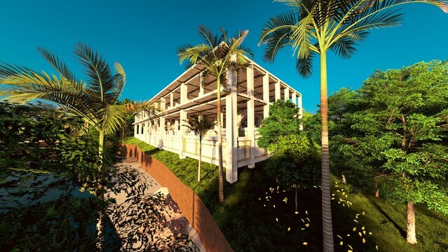Two point perspective view of abandoned building behind the Palm Tree, building and topography are modelled with Revit 2025 and rendered in Lumion 2023.