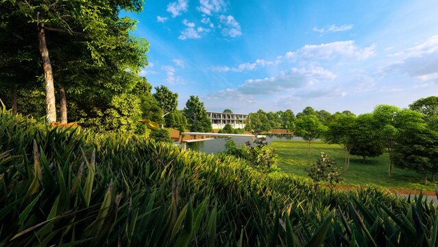 View of abandoned building surrounded by lush of forest and lake.  Building and topography are modelled in Revit 2025 and rendered in Lumion 2023.