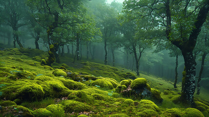 A forest with tall trees and a moss-covered floor. It has a magical feel.