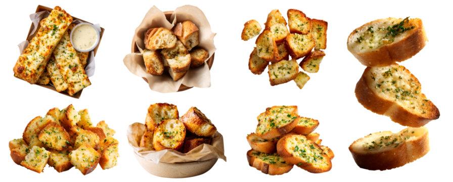 Set of butter Garlic bread, herb toasted baked bun loaf slice on transparent cutout PNG. Many different angles, stack pile, takeaway carton bowl box, broken bitten pieces. Mockup for design	
