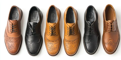 A row of six leather dress shoes is arranged on a white surface. The shoes are in various colors including black, brown, tan, and burgundy. 