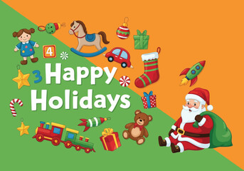 A colorful christmas card with santa claus and many toys for the holidays