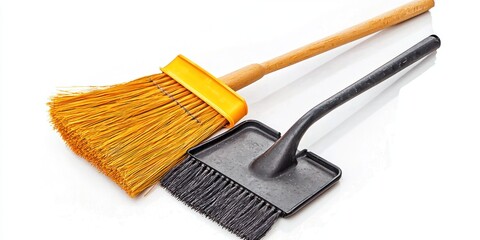 A cleaning brush rests on a white surface. The brush features a black handle and a square-shaped, black brush head. A second brush with a yellow handle and a rectangular