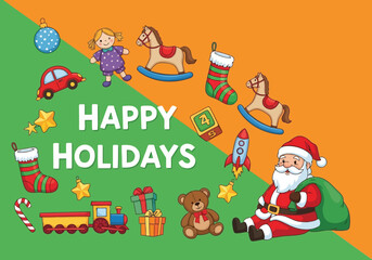 A christmas card with santa claus and many colorful toys for the holidays