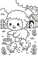 Cute lamb feeding chickens in a farmyard coloring page vector illustration
