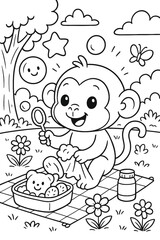 Cute monkey blowing bubbles at picnic with teddy bear in coloring page style