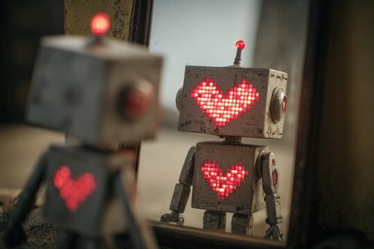 Rusty robot with heart display reflects in a mirror in a junkyard setting