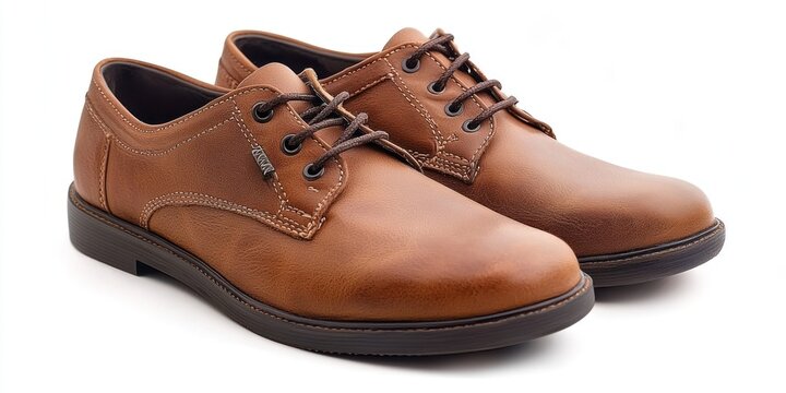 A pair of brown leather shoes sits on a white surface. The shoes have a classic lace-up design with dark brown laces. They feature a rounded toe and a moderate heel. 