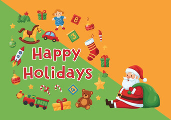 Joyful happy holidays greeting card with christmas ornaments and santa claus image