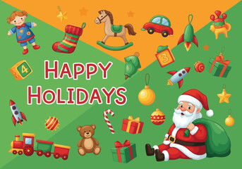 Festive happy holidays greeting card with christmas decorations and santa claus