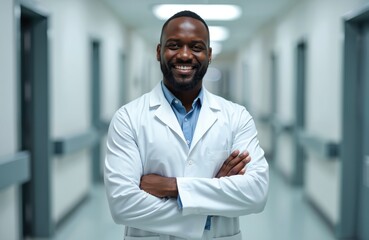 Smiling black male doctor in professional white clothes stands looking at camera arms folded on chest, blurred hospital corridor background. Confident african american physician at work. Telemedicine