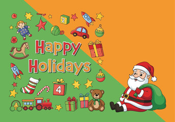 Cheerful happy holidays greeting card featuring christmas decorations and santa claus