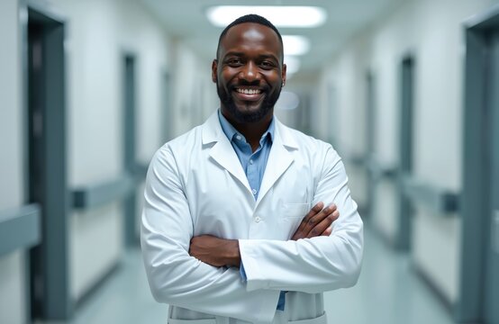 Smiling black male doctor in professional white clothes stands looking at camera arms folded on chest, blurred hospital corridor background. Confident african american physician at work. Telemedicine