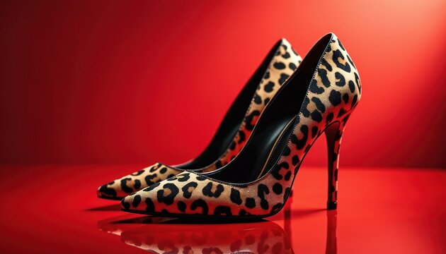 Leopard print high heels stand out against red backdrop. Stylish footwear, fashion accessory for bold woman. Chic design, animal skin pattern, elegance. Fashionable statement, luxury. Shoes for - Powered by Adobe