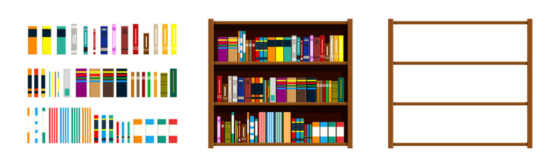 Illustration of a wooden bookcase full of books and an empty bookcase. Learning and education concept. Flat style vector.