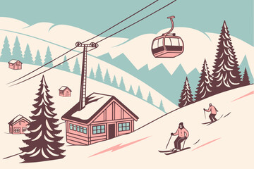 Ski resort landscape with skiers, cabins and gondola lift in winter