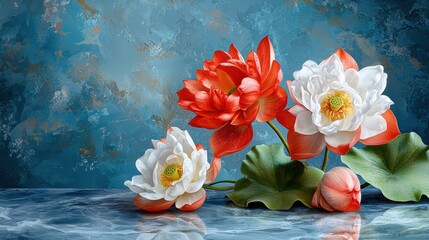 Red and White Lotus Flowers on Blue Textured Surface