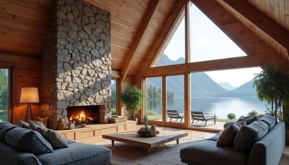 Modern Scandinavian wood cabin interior. Stone fireplace, comfortable sofas, large triangle windows reveal serene lake, mountain view. Stylish minimalist decor with indoor plants creates cozy,