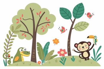 Cartoon jungle animals with trees