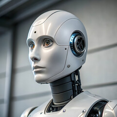 Modern robot face with neutral expression, reflecting calm precision, emotionless balance, silent intelligence, futuristic design, and timeless mechanical beauty.