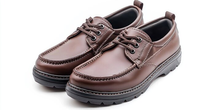 A pair of brown leather loafers are displayed on a white background. The shoes have a dark brown color, a lace-up closure, and a thick, black rubber sole. 