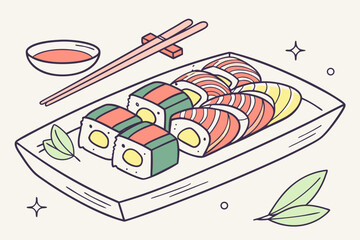 Sushi rolls on a plate with chopsticks