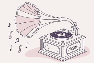 Vintage gramophone with musical notes