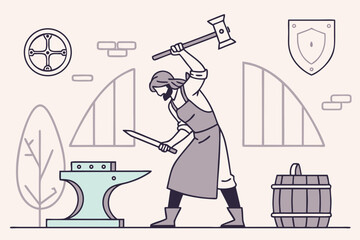 Blacksmith forging a sword on anvil