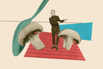 Template sketch trend artwork 3D photo collage of spoon kitchen gourmet nutrition chef hungry calories mushroom aged man smile dance