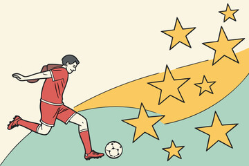 Soccer player kicking ball with stars around, a dynamic illustration