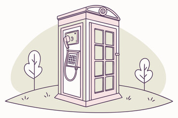 Illustration of a vintage telephone booth on the grass