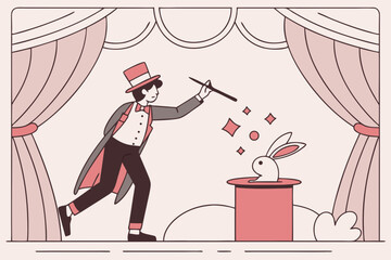 Illustration of a magician performing a rabbit in a hat trick on stage