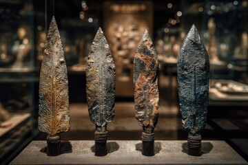A display of four ancient spearheads with intricate designs in a museum setting with blurred background