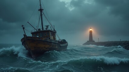 Weathered fishing boat navigating turbulent waters with distant lighthouse during storm, illustrating maritime safety and vulnerability for environmental awareness.