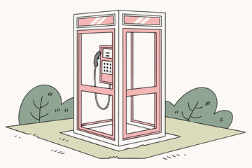Pink telephone booth in a park, cartoon illustration