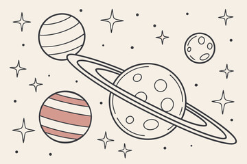 Planets and stars in space, cartoon illustration