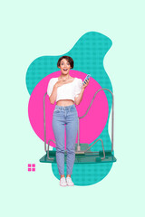 Banner 3d image poster vertical collage of happy businessman businesswoman hold phone stand book holder education supplies